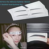 BTArtbox Thrush Terminator 30 Pairs Adhesive Korean Flat Shape Eyebrow Stencils Template Paper Card with 1 Pc Dark Brown Double-head Eyebrow Pen and 2 Eyebrow Link Sticks