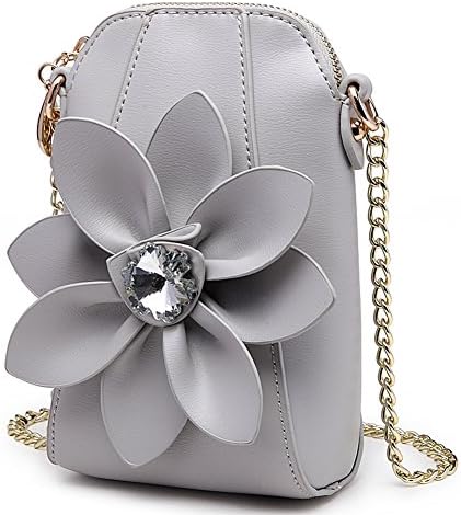 Mini Cute Big Stereo Flower Dressy Messenger Shoulder Crossbody Party bag Premium Artificial Leather Crystal Rhinestone Cell phone bags Pouch with Strap Chain for Women Girls Ladies (Light Grey)