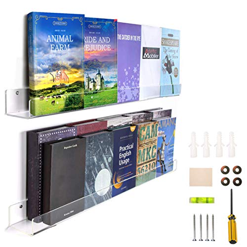 WINKINE Acrylic Wall Mounted Floating Ledge Bookshelf Set of 2 | 36 inch Crystal Clear Acrylic Bathroom Shelves | Storage Rack | Makeup Organizer | Spice Rack Wall Display Bookshelf for Kids - Thumbnail 6
