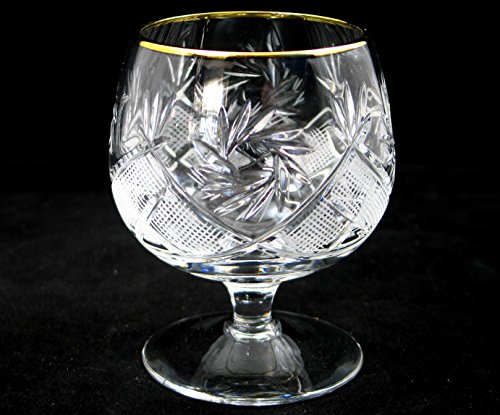 SET of 6 Russian Cut Crystal Cognac Scotch Whiskey Stemmed Snifter Goblet Glass 24K Gold Rimmed 10 Oz. Vodka Liquor Old-fashioned Glassware Hand Made