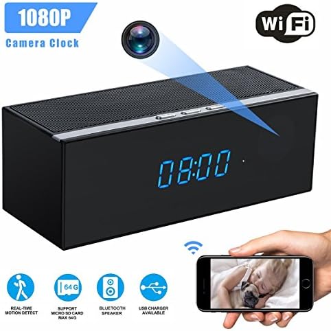Bardland HC-02 Wireless Music Hidden Camera Speaker, WiFi HD 1080P Camera Clock with Night Vision, Bluetooth Stereo Speaker, Motion Detection, Invisible Lens, Remote 720P Video Recorder,12&24 Time Display,Free APP free