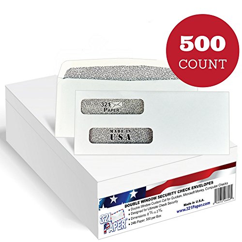 500 Check Envelopes, Double Window Security Tinted by 321 Paper Designed for Business Checks, Computer Checks, Laser Checks -- MADE IN USA -- Size 3 11/16 x 8 11/16