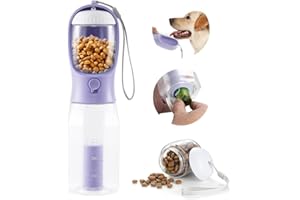 Paoakaola Dog Water Bottle 3 in 1, Leak Proof Portable Pet Water Bottle with Food Container & Poop Bag Dispenser, Water Dispenser for Dog, Puppy for Walking, Hiking, Camping, Travel (20oz Purple)