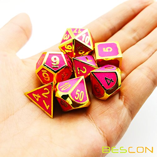 image for Bescon Super Glow in the Dark Metal Polyhedral Dice Set Golden and Ros