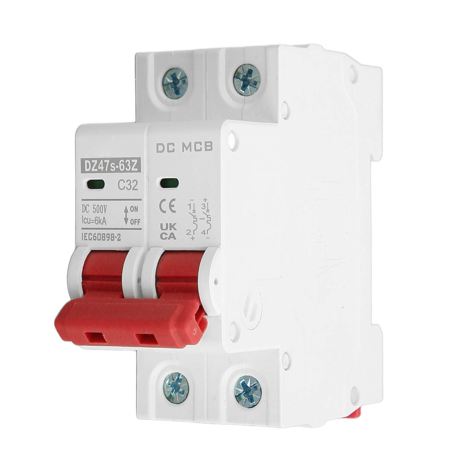 DC Miniature Circuit Breaker 2 Pole 500V 32 Amp Solar PV System Isolator Low Voltage Din Rail Mounted Thermal Magnetic Trip DC Disconnect Switch C32