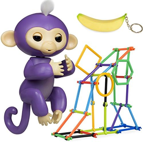 Interactive Finger Monkey Toy - Gift for Girls &amp; Boys - Baby Monkey Jungle Gym Playset 50 Pieces + Banana Squishy Keychain Accessories BONUS (Purple)