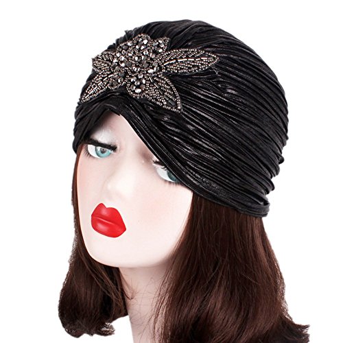 CHUANGLI Women's Noble Ruffle Turban Hat Glitter Pleated Stretch Head Wraps Chemo Cap Black