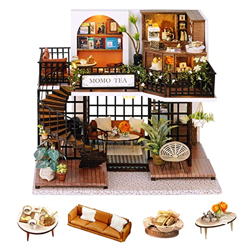 GuDoQi DIY Miniature Dollhouse Kit, Tiny House kit with Dust Cover and Music, Miniature House Kit 1:24 Scale, Great Handmade Crafts Gift for Mother's Day, Birthday Father's Day, Forest Teashop