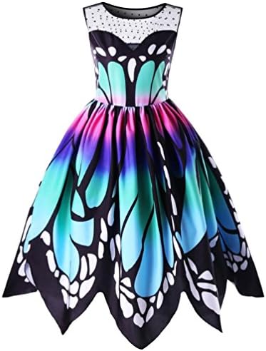 Plus Size Dress,Womens Vintage Butterfly Printing Sleeveless Party Dress Swing Lace Dress