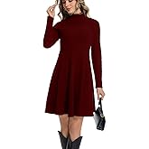 Vomidia Long Sleeve Dress for Women Turtleneck Ribbed Knit A-Line Flowy Casual Elegant Fall Winter Fashion Short Dresses