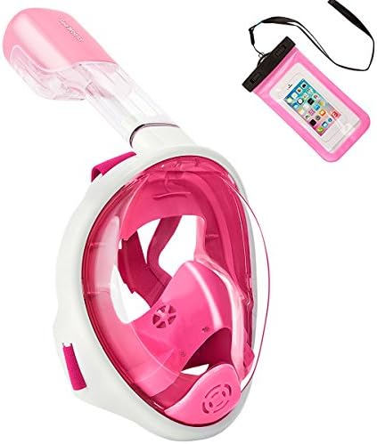 SeeWorld 180° Panoramic Full Face Snorkel Mask -Larger Viewing Area Free Breath Technology with Anti-fog and Anti-leak Snorkeling Design (Pink for Kids, XS For 5-10 years kids)