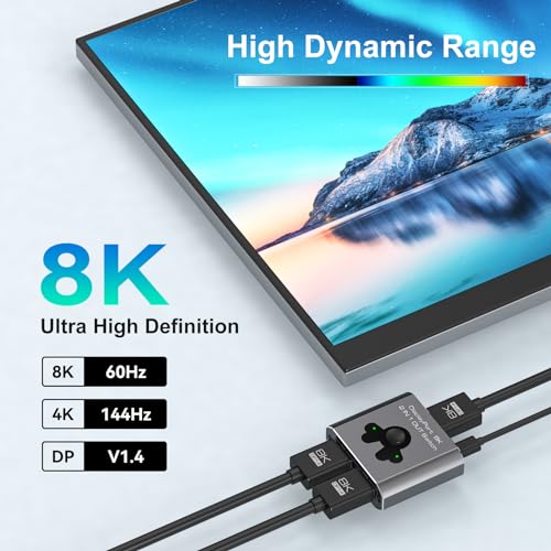 PVBCTCSID Displayport Switch 2 in 1 Out 8K60Hz 4K144Hz DP 1.4 Switcher Compatible with TVs Monitors Laptops PCs Projectors etc (Unidirectional)