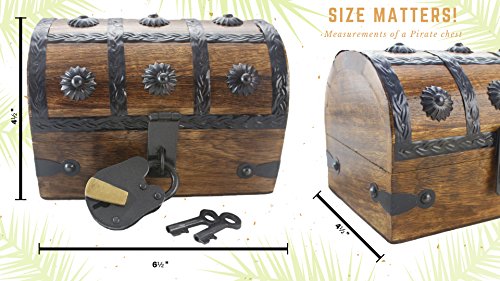 Well Pack Box Wooden Small Pirate Treasure Chest Box 6.5" x 4.5" x 4.5" With Black Hasp Latch Includes Master Padlock & Vintage Skeleton Keys - Thumbnail 4