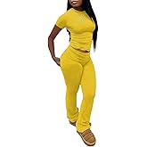 Women's 2 Piece Lounge Sets Crop High Wasit Foldover Flare Leggings Pants Casual Workout Outfits Tracksuit