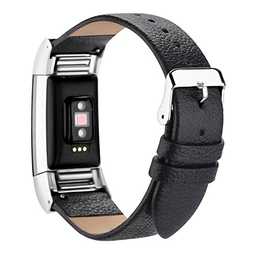 For Fitbit Charge 2 Wristband, Adjustable Genuine Leather Replacement Bands for Fitbit Charge 2 Black with Metal Connections
