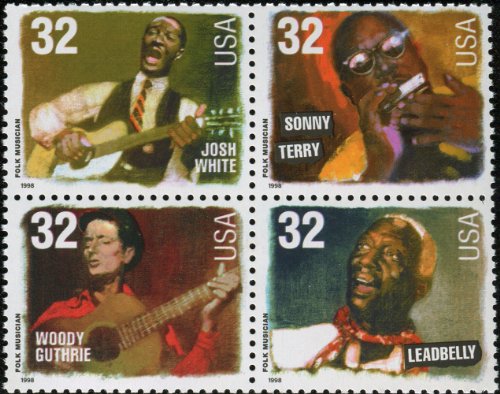 FOLK MUSICIANS ~ JOSH WHITE ~ SONNY TERRY ~ WOODY GUTHRIE ~ LEADBELLY #3215a Block of 4 x 32 US Postage Stamps
