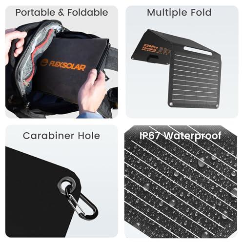 FlexSolar 20W Solar Panel Charger Portable Foldable Fast Charging QC3.0 USB-A USB-C Output Small Power IP67 Waterproof Camping Backpacking Hiking Emergency for Phones Power Banks Flashlight Fans