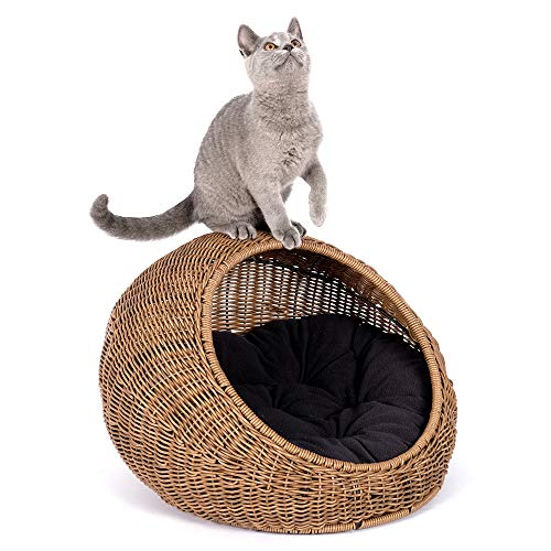D+GARDEN Wicker Cat Bed Dome for Medium Indoor Cats a Covered Cat