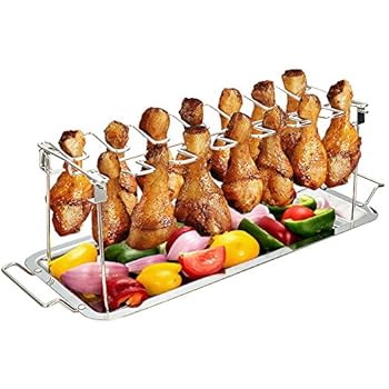 G.a HOMEFAVOR Chicken Leg Wing Rack 14 Slots Stainless Steel Metal Roaster Stand with Drip Tray for Smoker Grill or Oven, Dishwasher Safe, Non-Stick, Great for BBQ, Picnic