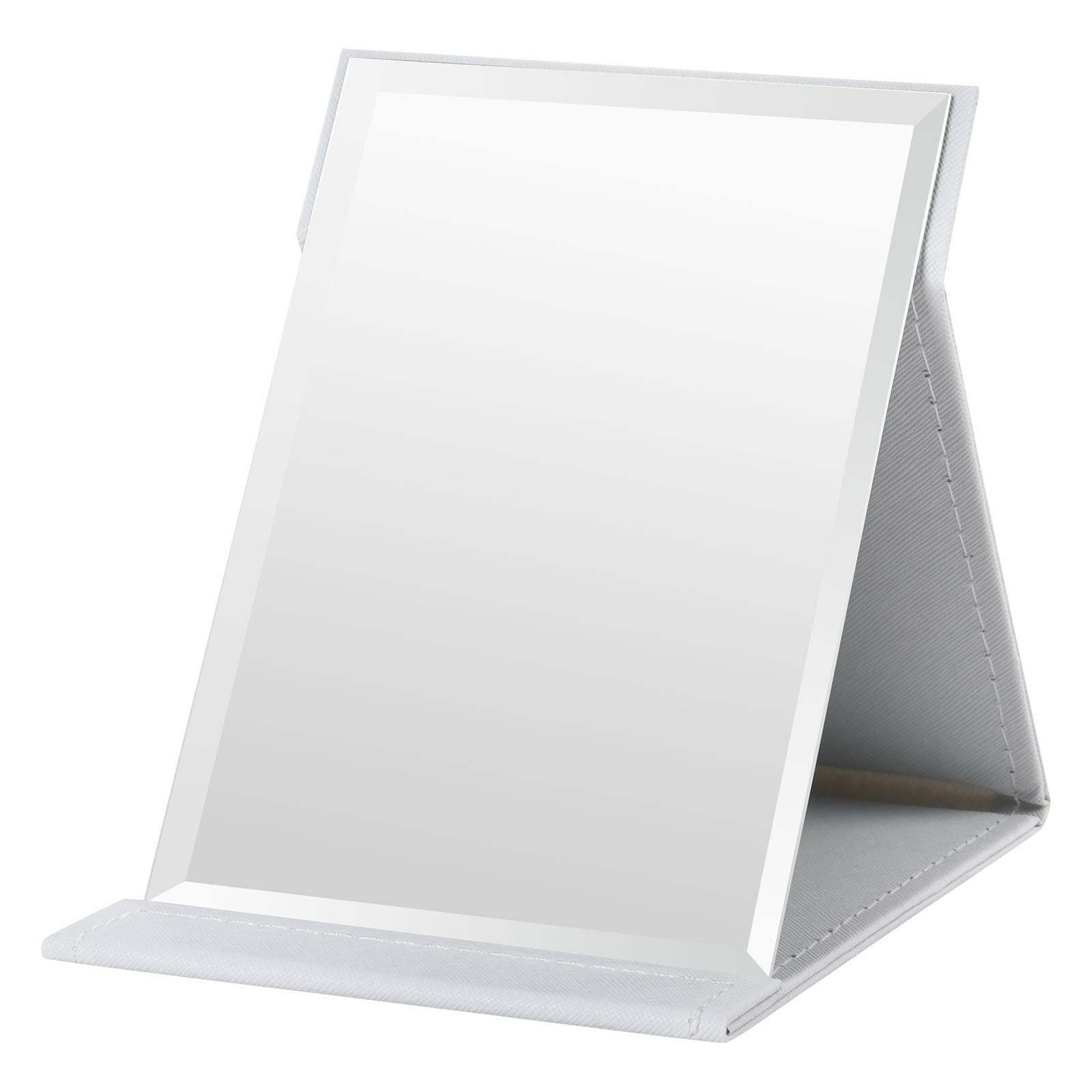 OSDUE Folding Tabletop Mirror, 17 * 12.5cm White PU Leather Portable Travel and Desktop Vanity Mirror with Stand for Office Desk, Vanity Table, Camping