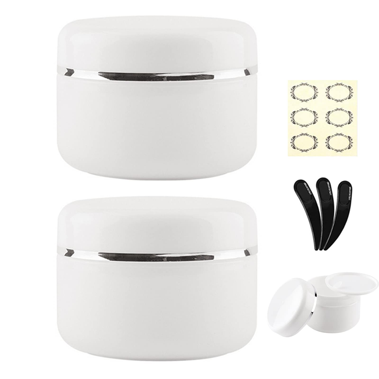 Alledomain 2pcs 250ml/250g White Cosmetic Sample Jars with 3Pcs Mini Spatulas & 6 Labels, Plastic Refillable Travel Pot Containers with Silver Dome Lids & Inner Liners for Makeup Creams Beauty Nails