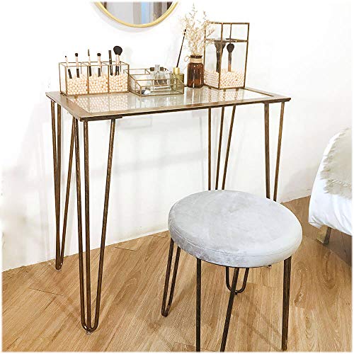 CANDIKO Gray & Bronze Round Makeup Vanity Chair Velvet Upholstered Metal Stool Bedroom Iron Room Bench Bathroom Ottoman