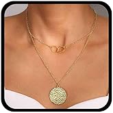 Jugielu Boho Layered Coin Pendent Necklace Gold Large Disc Necklace Hammered Coin Necklace Coin Medallion Necklace O Ring Collar Necklace Jewelry for Women
