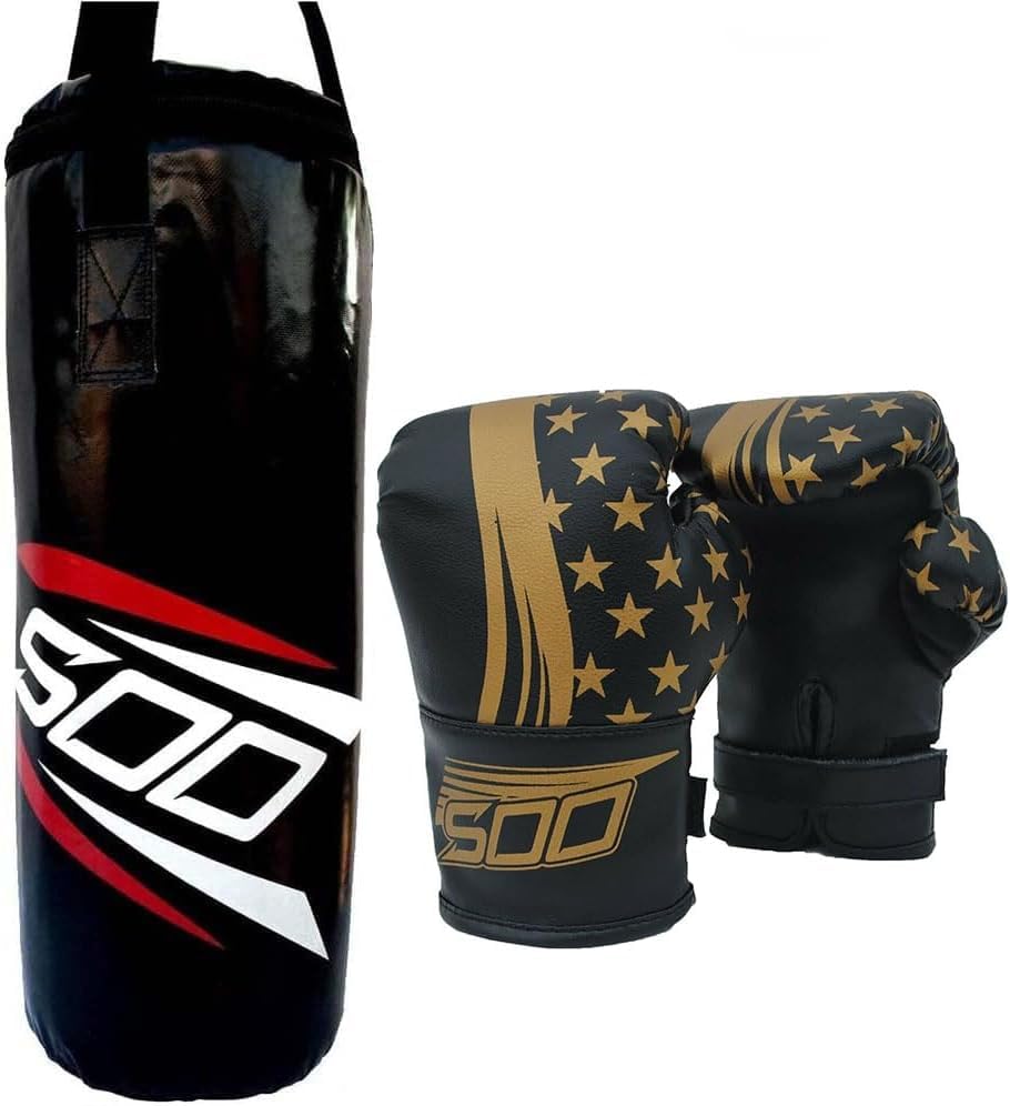 2ft Unfilled Boxing Punch Bag with Kids Junior Gloves, Punch Bag for Youth MMA, Martial Art Thai Training 2oz Gloves Punching Mitts for MMA Kickboxing Boxing Karate Home Gym (Black/Gold)