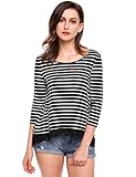 Mofavor Women's Scoop Neck 3/4 Sleeve A-line Lace Stitching Trim Striped Casual T-Shirt Tunic Tops
