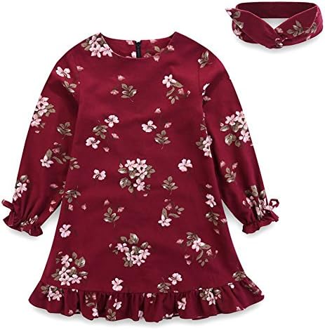 Baby Teen Girls Casual Floral Princess Dress Headband Set Long Sleeves Blue Claret 1-7T