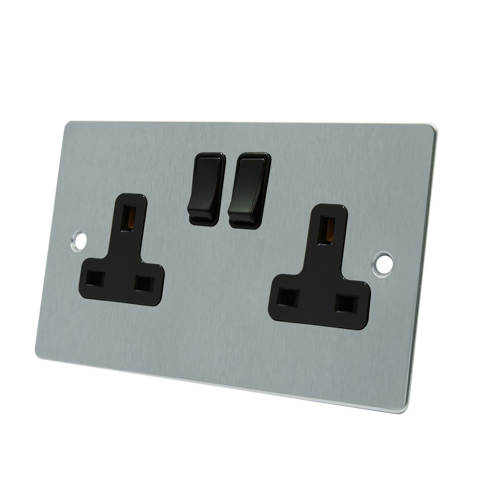 AET FSC2GSOCBL 13 A 2-Gang Satin Chrome Flat Double Plug Socket with Black Insert Plastic Rocker Switches