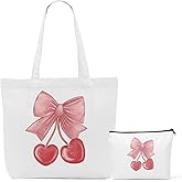 Aesthetic Bow Cherry Canvas Tote Bag Beach Tote Bag for Women with inner Pocket, Cute Bow Lovers Gift for Women Girls Bestie Sister Birthday Christmas Reusable Shopping Grocery Bags with Makeup Bags
