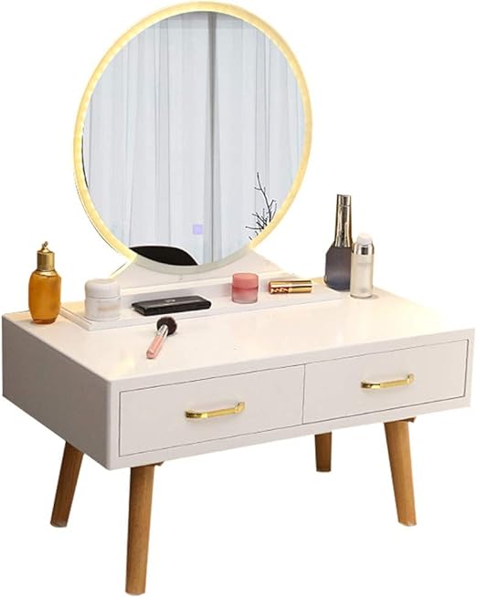 Small Vanity Table With Lighted Led Touch Screen Round Mirror Makeup Dressing Table With 2 Sliding Drawers For Bedroom Bathroom White Size 80cm Amazon Ca Home Kitchen