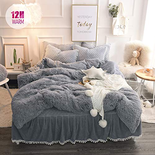 MUKKA Fluffy Plush Shaggy Duvet Cover Set Queen Size, 3 Pieces Furry Fuzzy Grey Comforter Cover