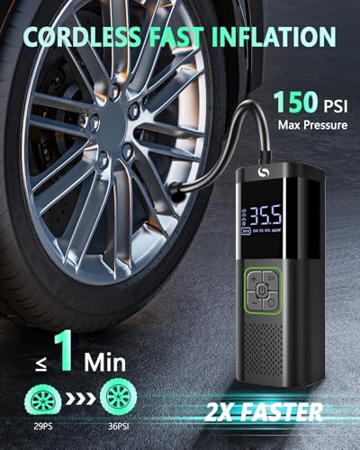 SERVOMASTER Compresseur à Air Portatif, Gonfleur Pneus Voiture sans Fil avec Jauge, Inflation Rapide, Arrêt Automatique, pour Voiture, Vélos et Motos, Pompe à vélo électrique 150 psi