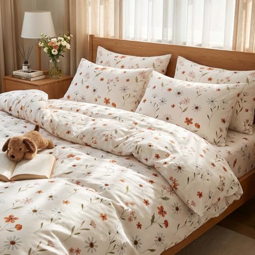 Freyamy Blumen Bettwäsche 200x220cm 3tlg Weiß Orange Rosa Hellblau Blüten