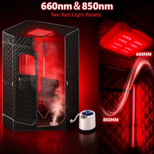 iTHERAU Portable Home Infra.red Sauna Box, 2-Panel Red Light Steam Sauna Tent, Personal Full Body Steam Room with Dual 660nm & 880nm Red Light Lamp, 3L 1200W Steamer, 15 Levels Heat, Folding Chair