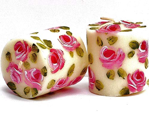 Romantic Decorative Mini Small Short Ivory Votive Candles Set with Hand Painted Pink Roses Shabby Chic Decor