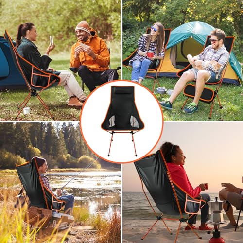 SOPPY 2 Pack Folding Camping Chair Upgraded High Back, Portable Lightweight Folding Camp Chairs with Sided Pocket & Carry Bag for Outdoor Backpacking, Hiking, Travelling, Picnic,Fishing - Orange