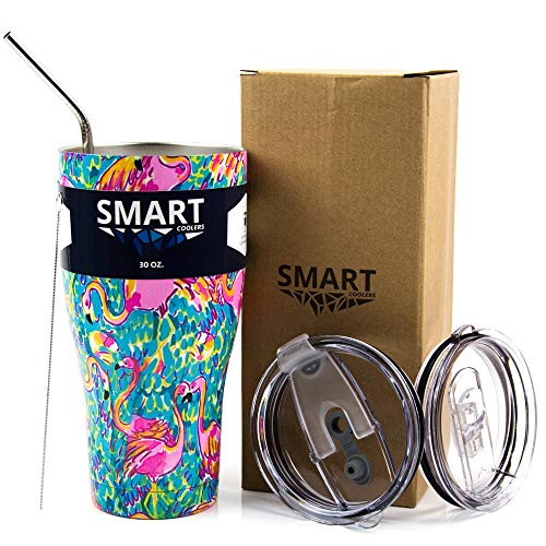 Tumbler 30 oz Smart Cup - Ultra-Tough Double Wall Stainless Steel Tumbler Cup - Premium Insulated Mug - Coffee & Ice Tea - Leak-Proof, Sliding Lid, Straw, Brush & Gift Box - Flamingo