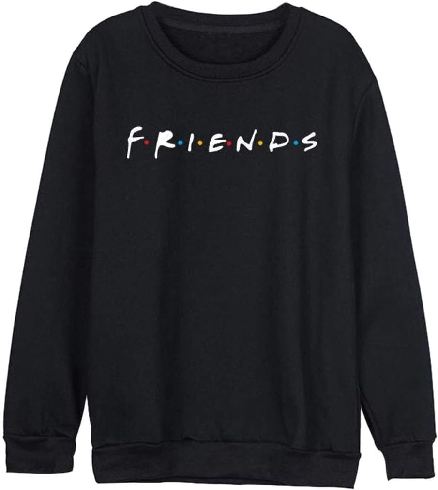 Qiuxiaoaa Women Friends Sweatshirt Casual Winter Letter Round Neck Long Sleeve Plus Velvet Sweater Autumn Warm Hoodies Letter Print Pullover Black Medium