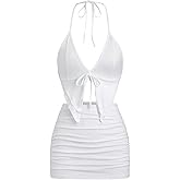 SHENHE Women's Y2k 2 Piece Sexy Outfits Backless Halter Crop Top and Ruched Bodycon Mini Skirt Set