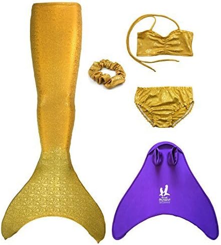 UraMermaid Childs Mermaid Tail for Swimming, Includes Monofin, Matching Bra Top, Briefs and Hair Scrunchie (12-13, Sunshine Gold)