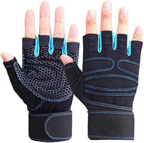 Huangzhe Anti-Slip Training Gloves with Wrist Wrap Support Breathable Fabric Half-finger Unisex Gloves for Gym Workout Crossfit Fitness Weightlifting, Biking, Workout, Cycling (1 Pcs)(Blue, Large)