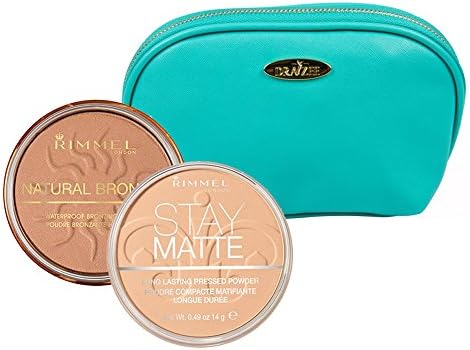 Rimmel Natural Bronzers Kit in Two Shades 0.49 Ounces Each; Sunshine and Nude Beige with Aquamarine Draizee Leather Cosmetic Bag