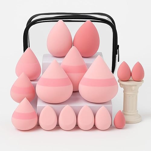 Makeup Sponge Set, 14 Piece Beauty Blender Collection, Multifunctional Cosmetic Applicators (Pink)