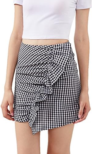 WDIRA Women's Asymmetrical Ruched Frill Trim Staggered Gingham Casual Skirt White L