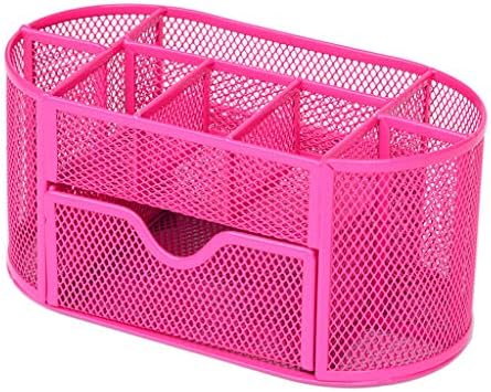 Retrofish Pen and Pencil Desk Office Organizer - Multi-Functional 9 Compartments Metal Mesh Stationery Caddy Storage Holder for Accessories Marker Eraser Supplies with Drawer for Note Pads (Hot Pink)