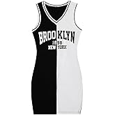 SOLY HUX Women's Letter Graphic Print Color Block V Neck Sleeveless Bodycon Mini Dress