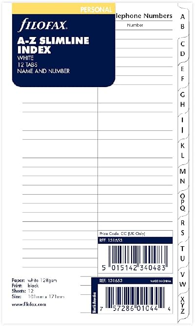 Filofax Personal A Z Index White Name Tel 13 Tabs 95x171mm 6 Hole